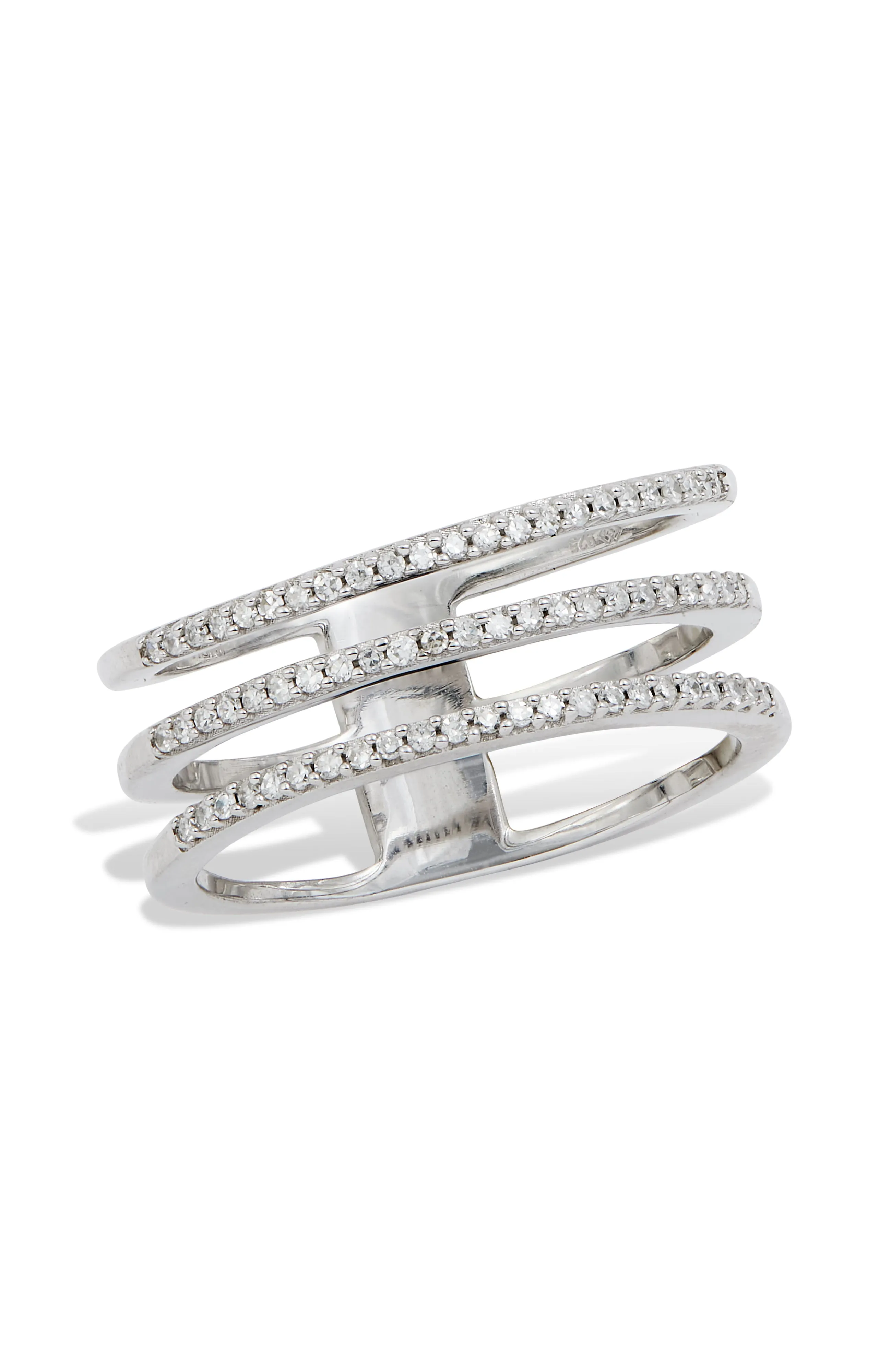 .925 STERLING SILVER RHODIUM PLATE TRIPLE ROW DIAMONDS RING