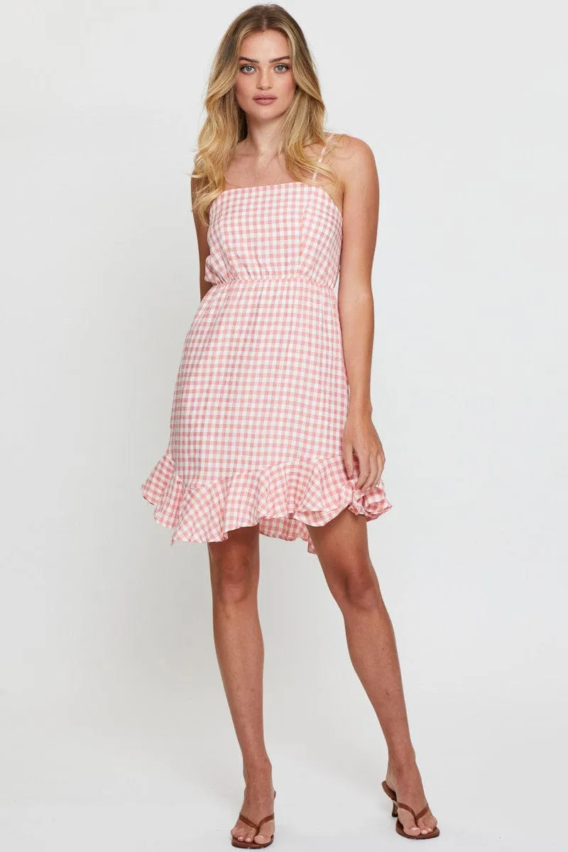 Check Mini Dress Sleeveless Square Neck