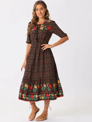 Drawstring Pockets Short Sleeve Floral Boho Midi Dress
