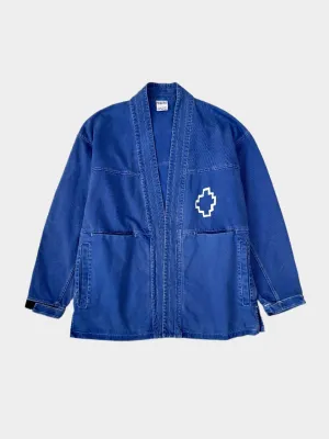 Giacca Kimono In Denim Blu Con Ricamo Bianco