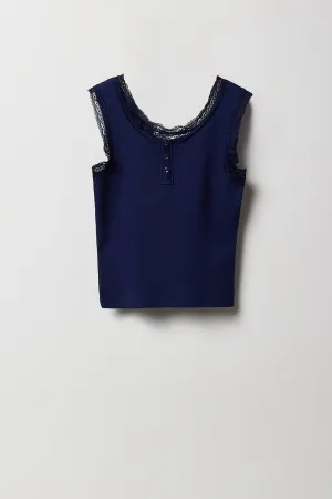 Girls Ribbed Lace Henley Tank