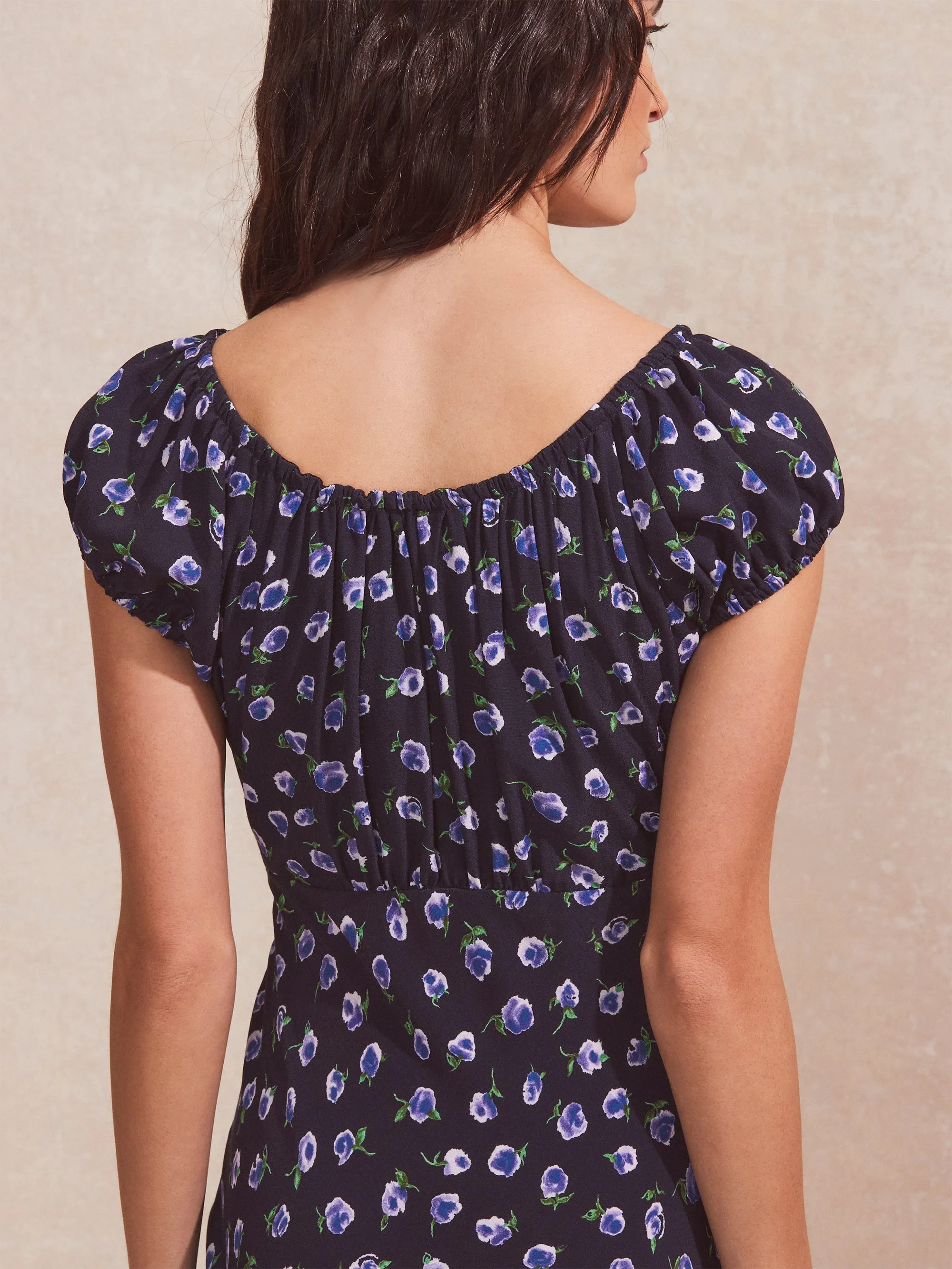 Petite Navy Floral-Print Gathered-Neck Midi Dress
