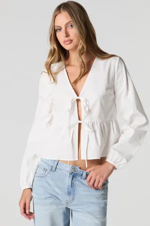 Poplin Tie Front Long Sleeve Top