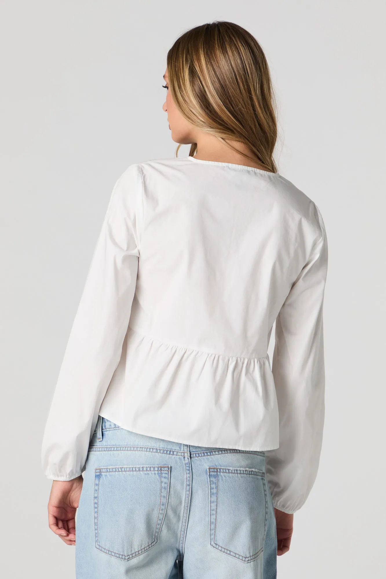 Poplin Tie Front Long Sleeve Top