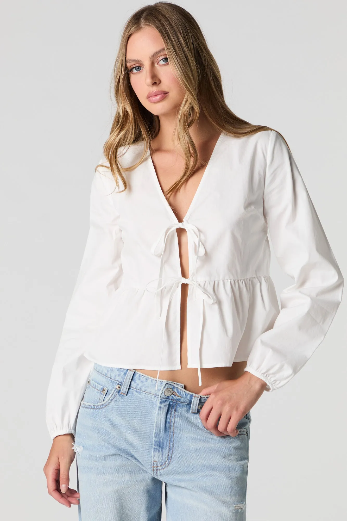 Poplin Tie Front Long Sleeve Top