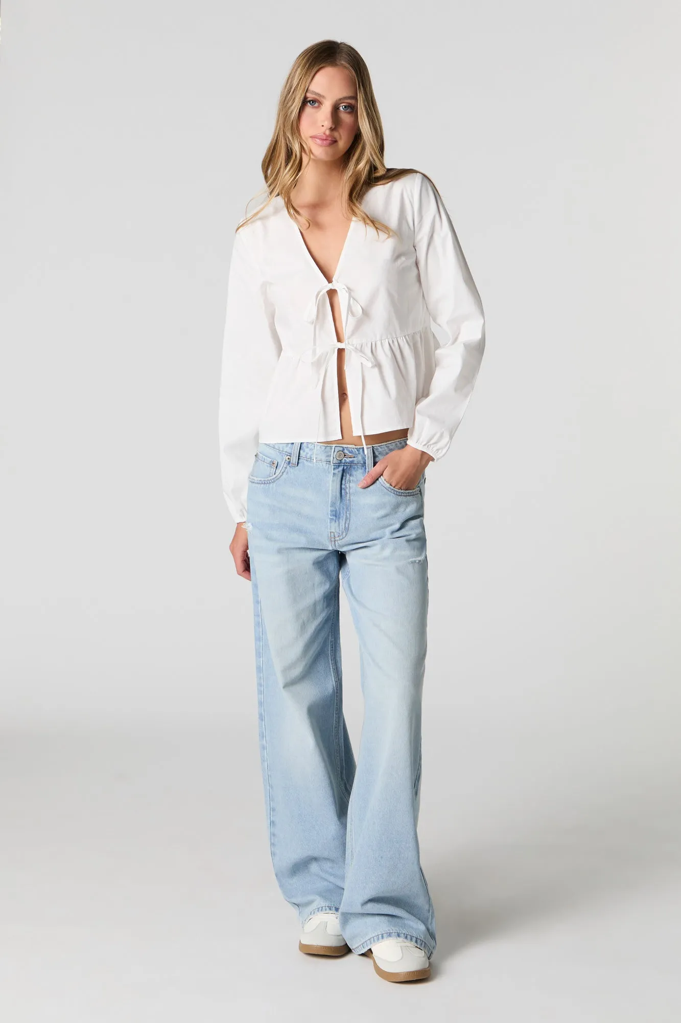 Poplin Tie Front Long Sleeve Top