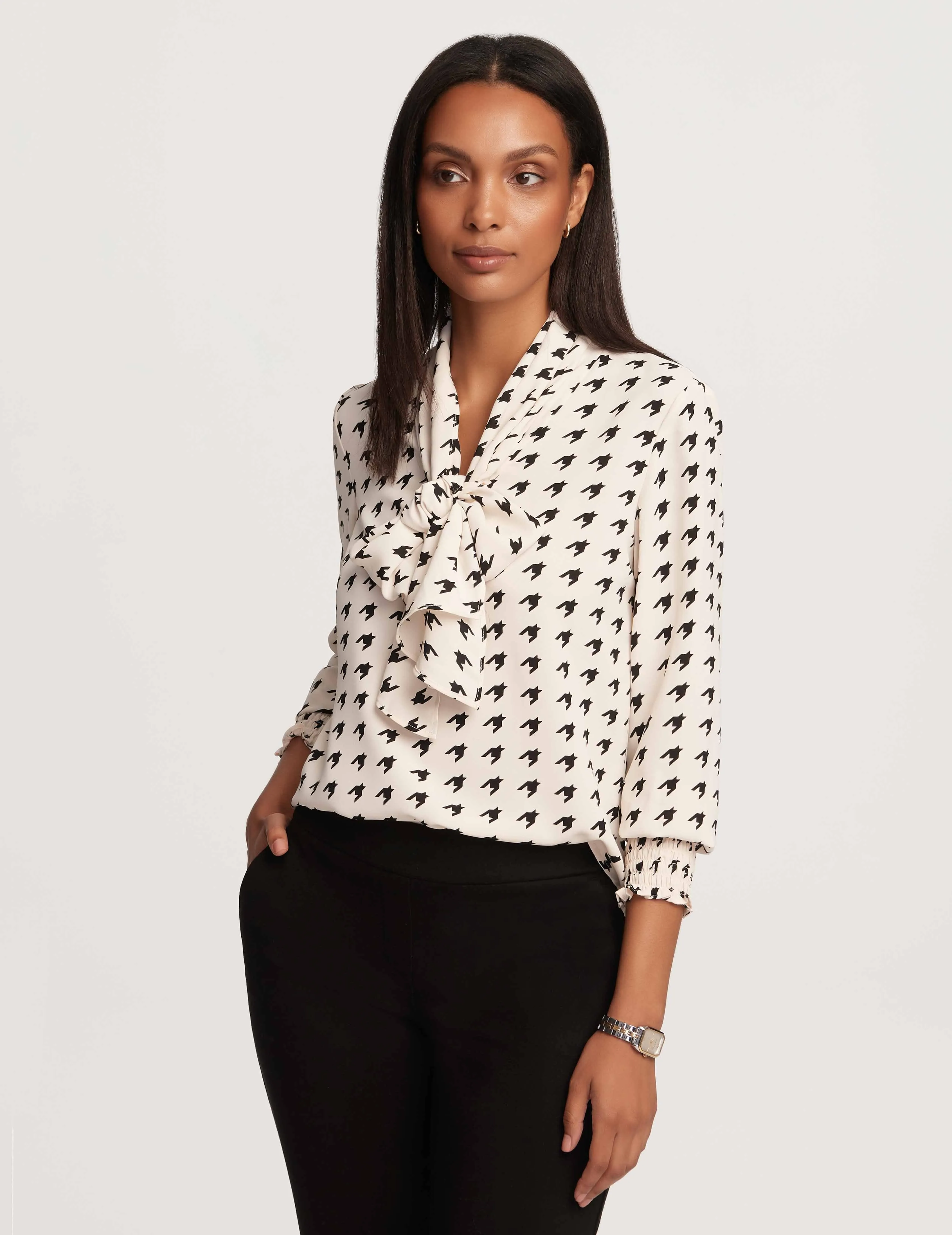 Printed Smocked Cuff Bow Blouse- Sale