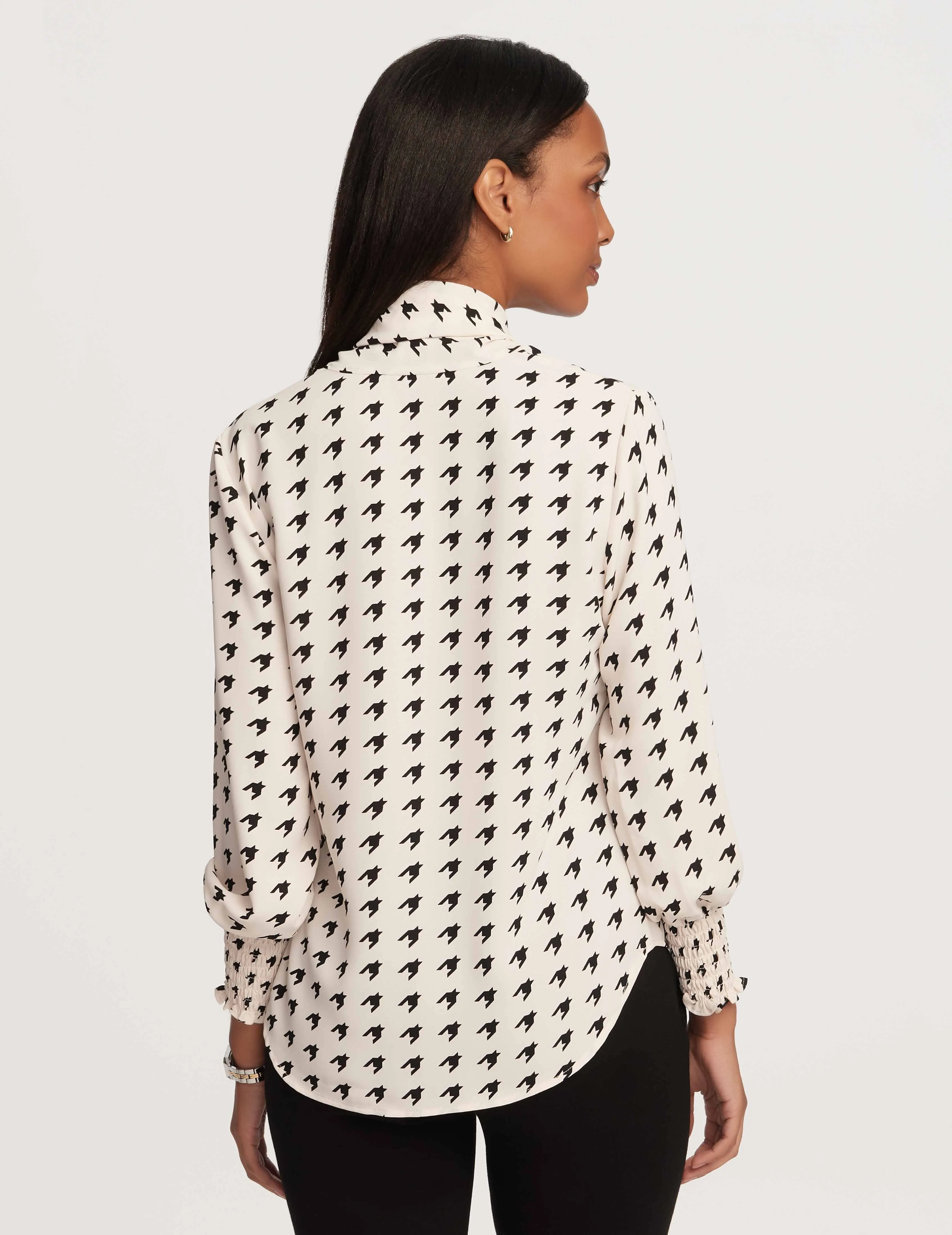 Printed Smocked Cuff Bow Blouse- Sale