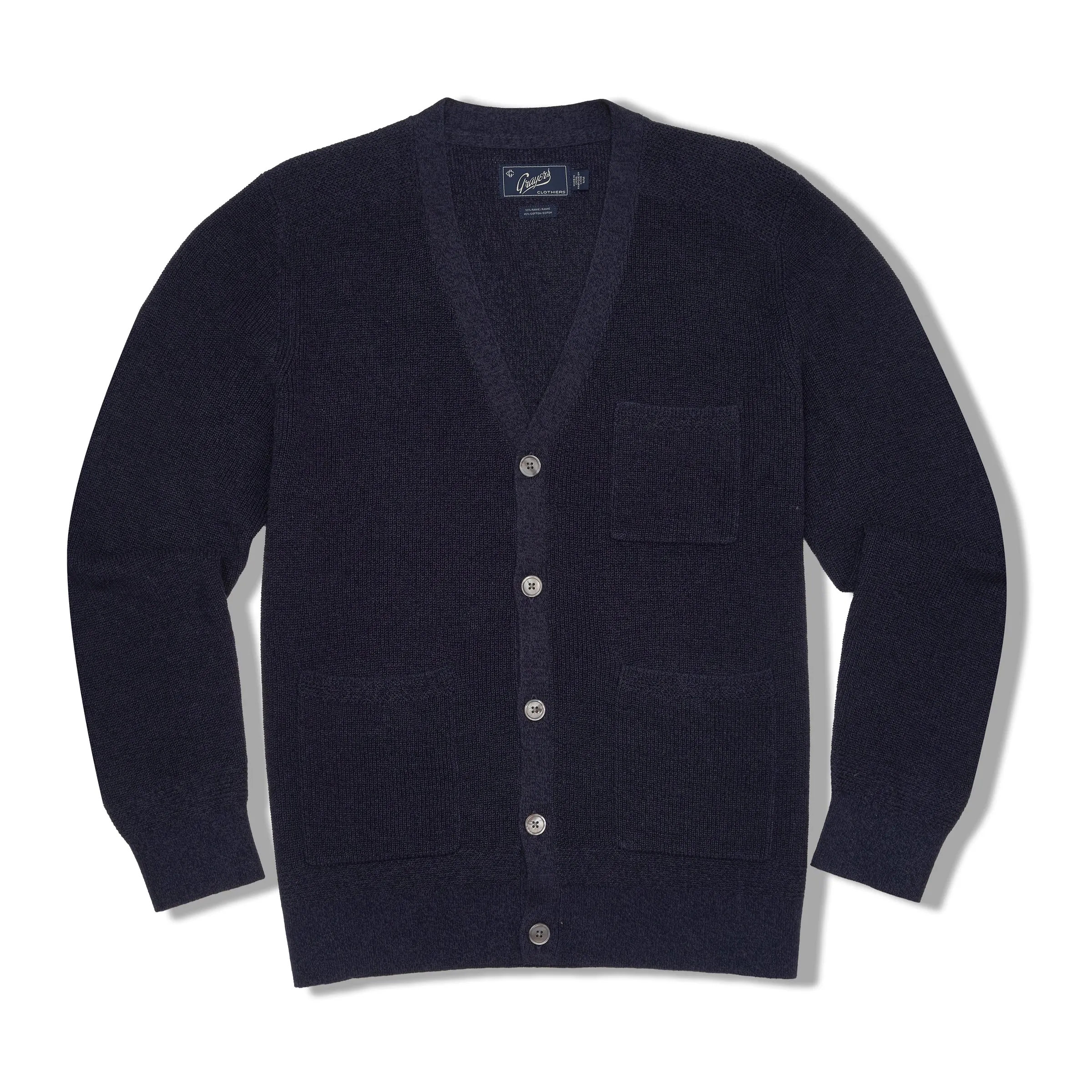 Ramie Cotton Cardigan Sweater - Navy