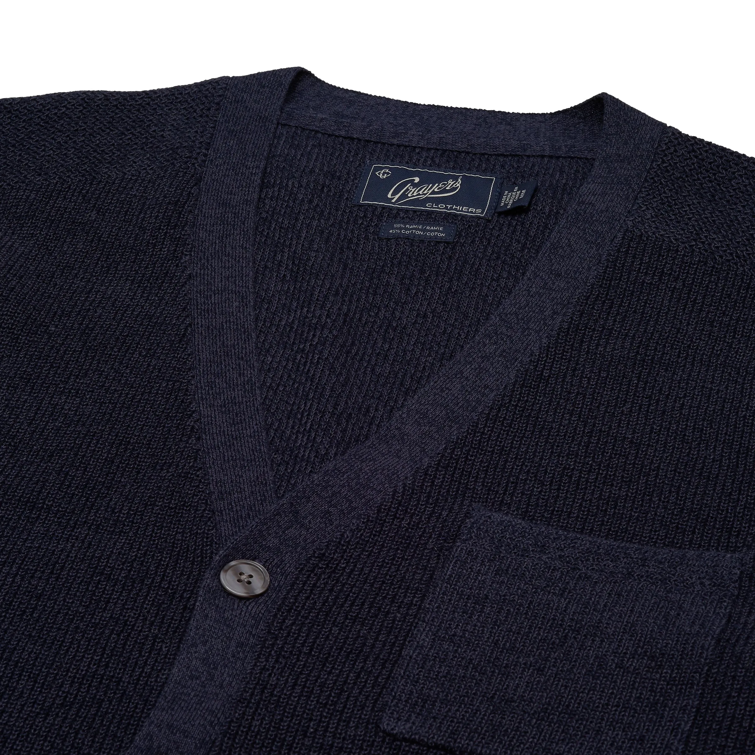 Ramie Cotton Cardigan Sweater - Navy