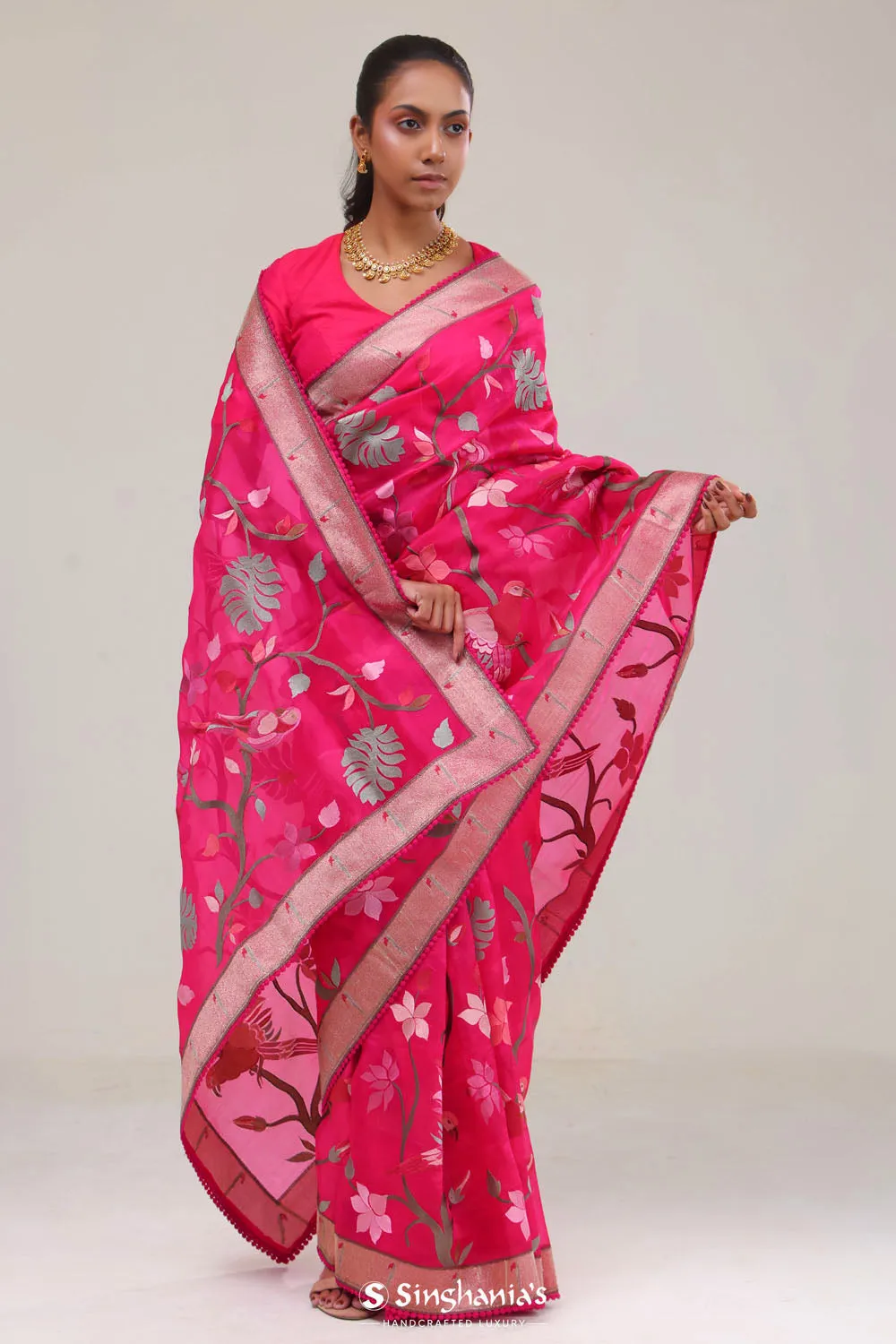 Ruby Pink Crafted Organza Saree