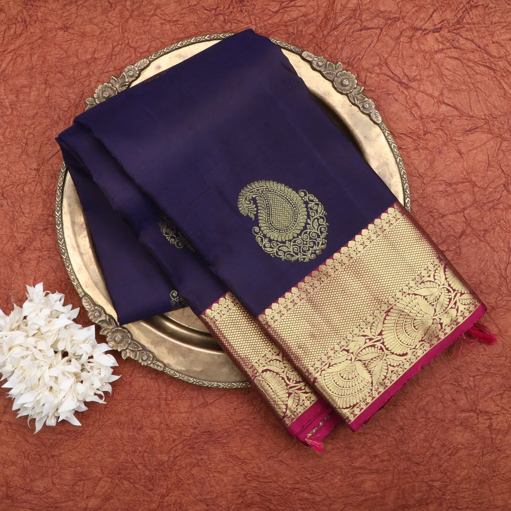 Russian Violet Kanjivaram Silk Saree With Floral Paisley Motifs
