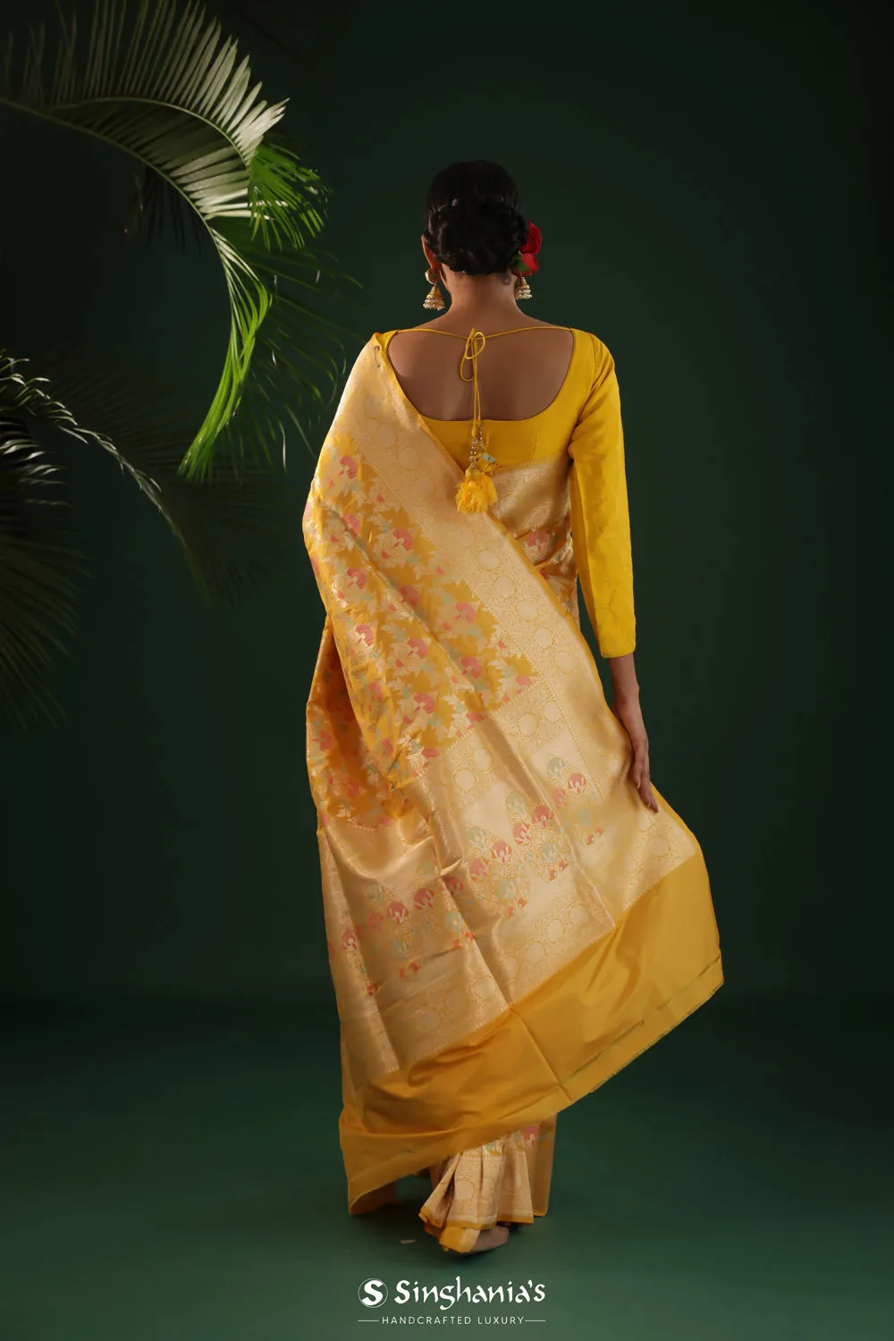 Saffron Yellow Banarasi with Floral Meenakari Magic