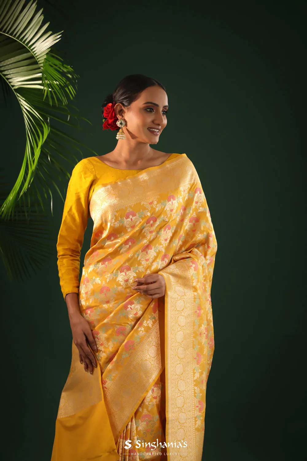 Saffron Yellow Banarasi with Floral Meenakari Magic
