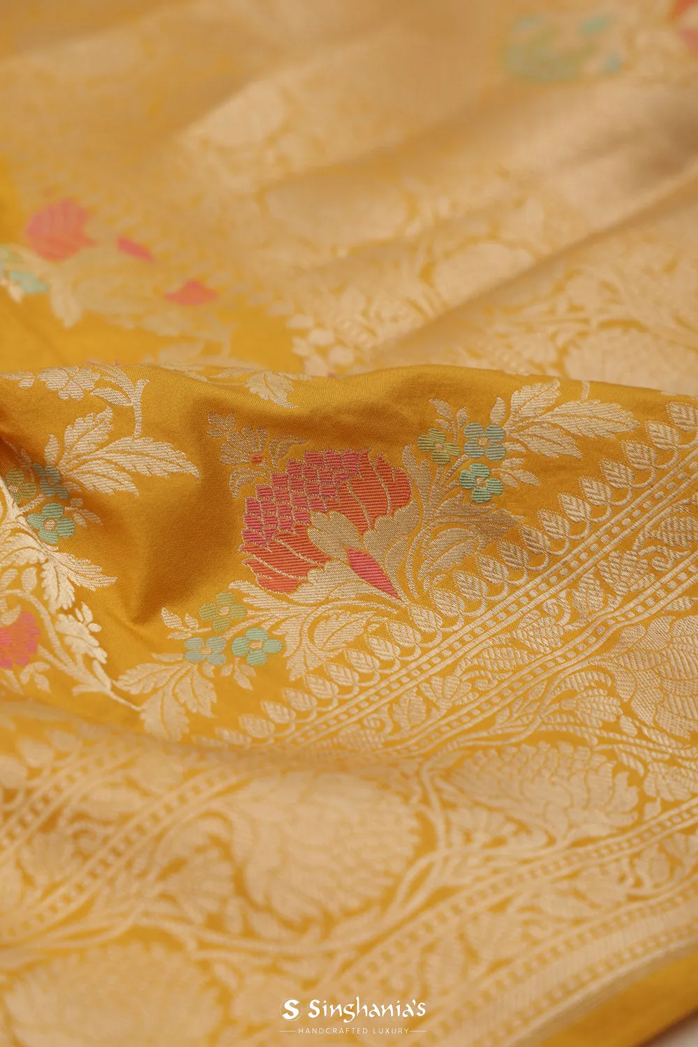 Saffron Yellow Banarasi with Floral Meenakari Magic