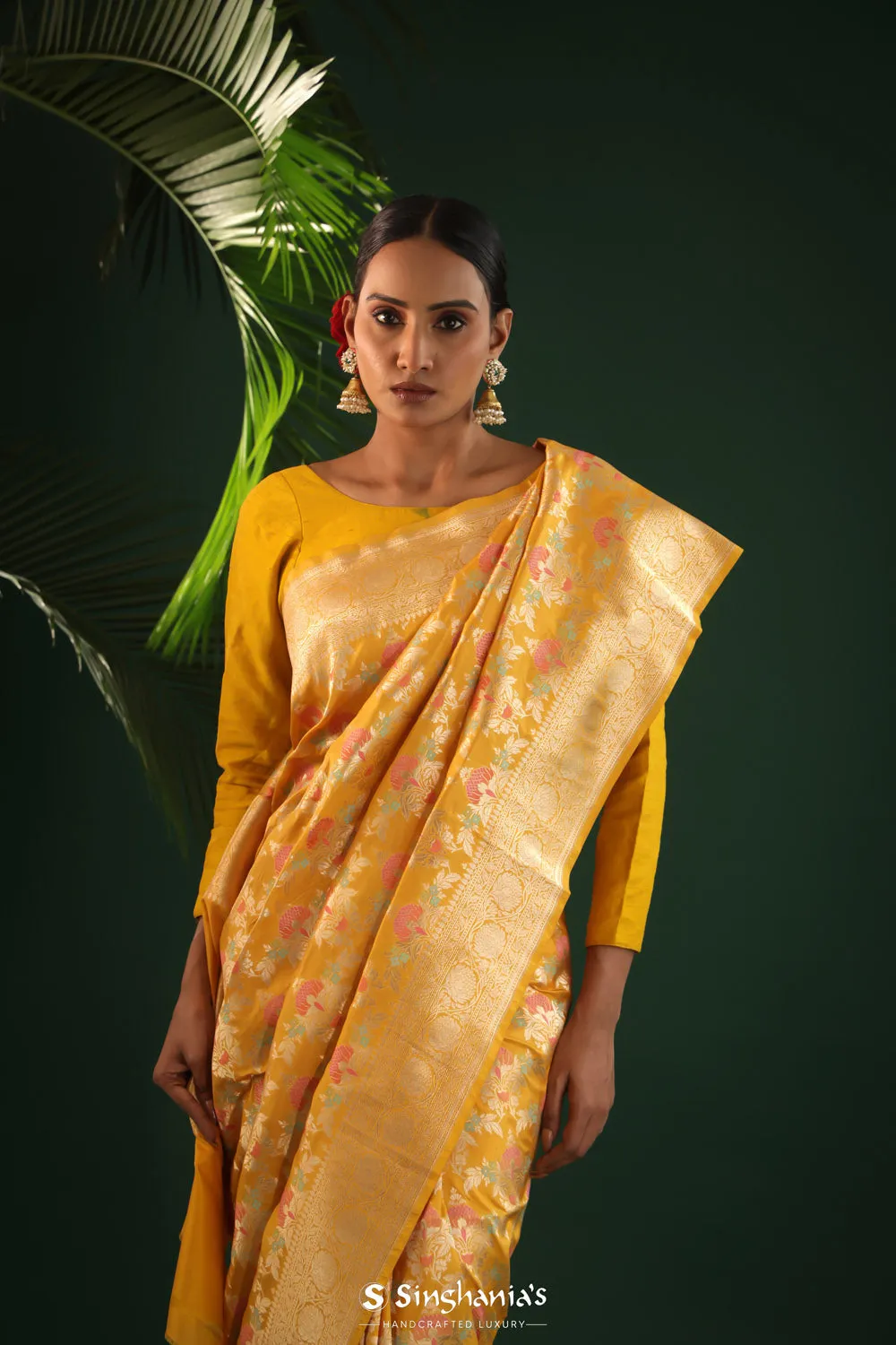 Saffron Yellow Banarasi with Floral Meenakari Magic