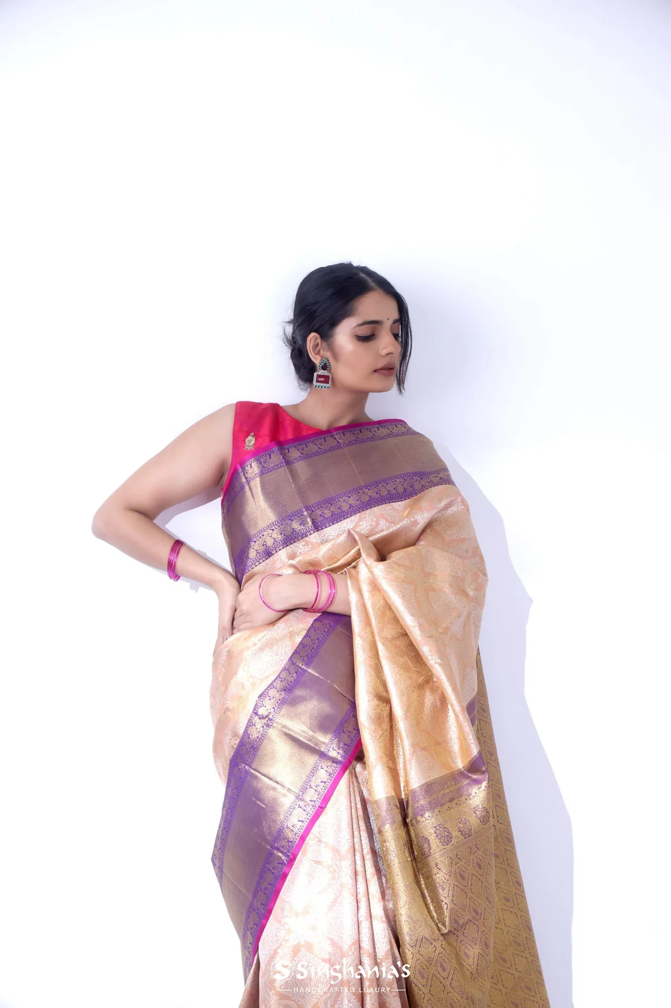 Salmon Peach Kanjivaram Silk Saree With Floral Butta