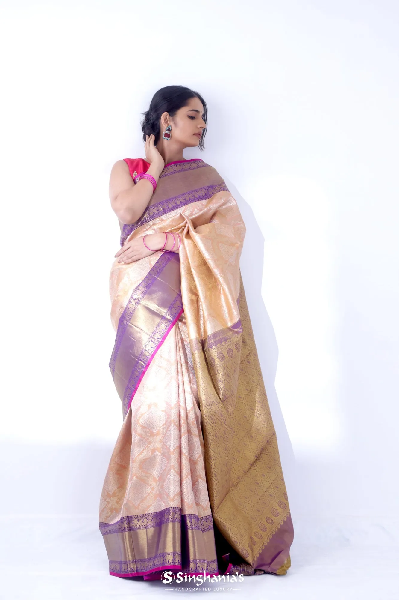 Salmon Peach Kanjivaram Silk Saree With Floral Butta