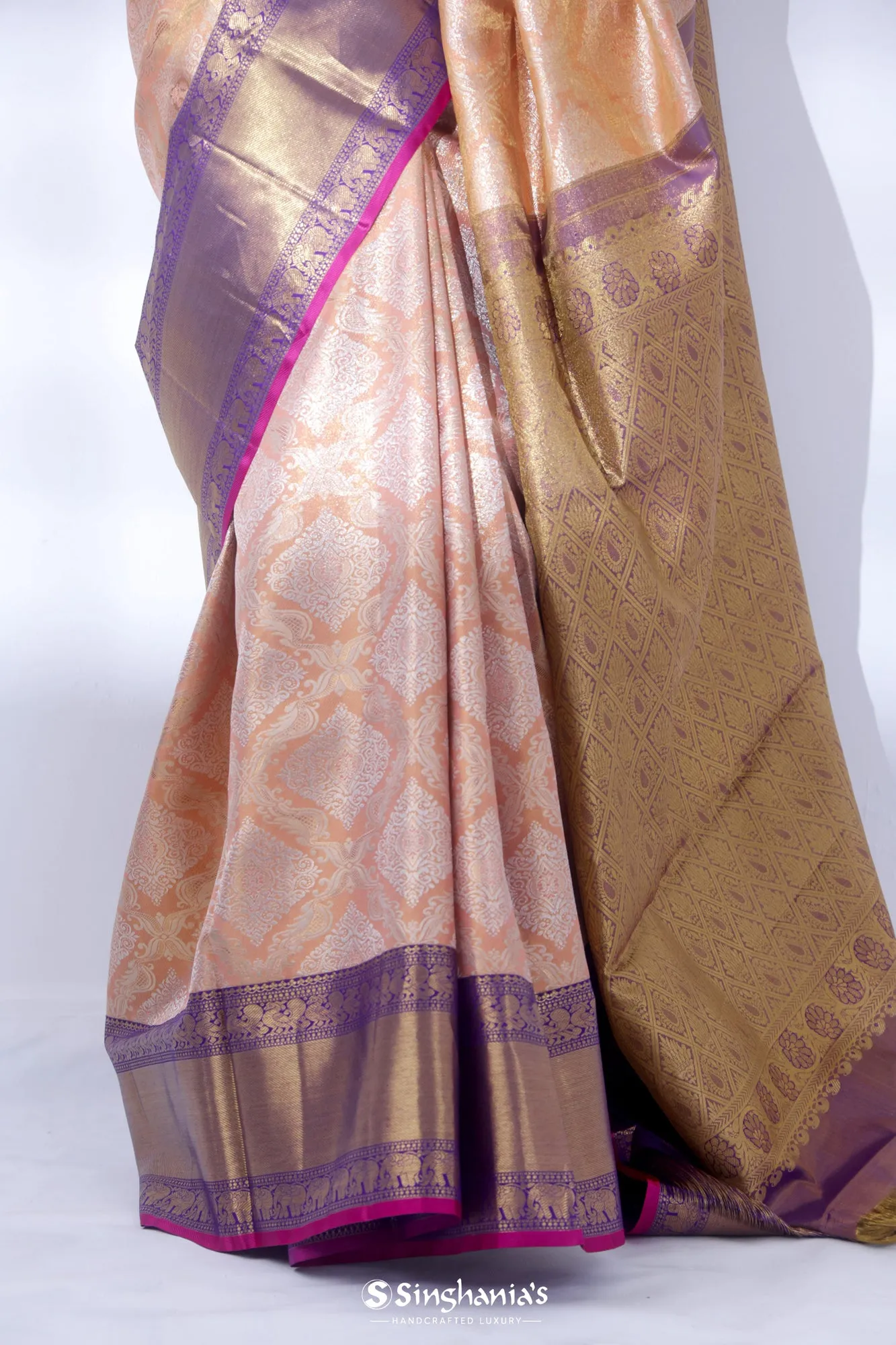 Salmon Peach Kanjivaram Silk Saree With Floral Butta