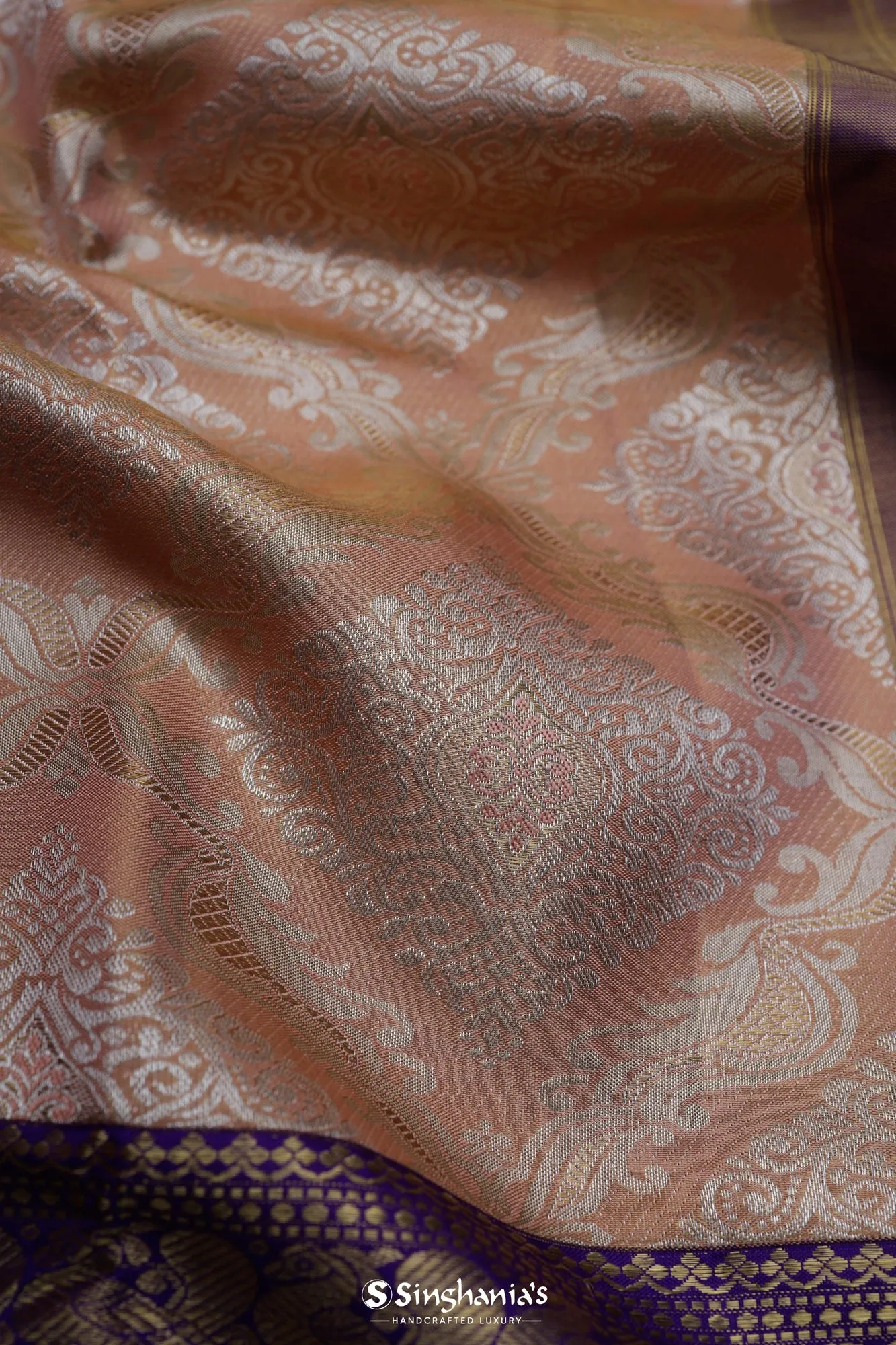 Salmon Peach Kanjivaram Silk Saree With Floral Butta