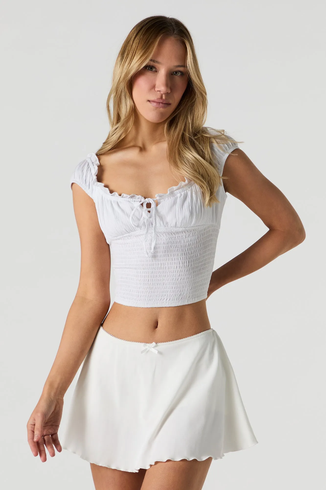 Smocked Ruffle Cap Sleeve Crop Top