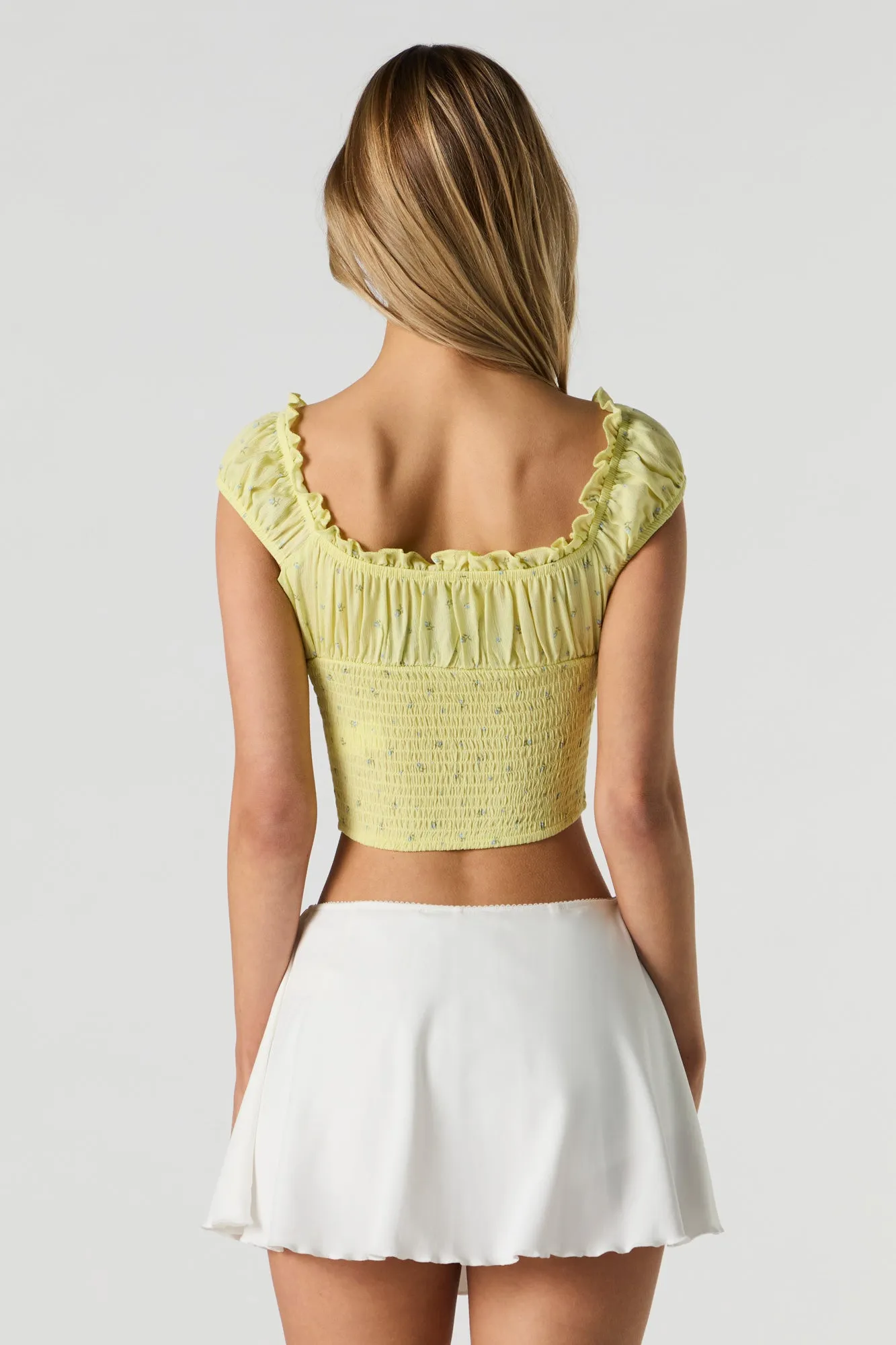 Smocked Ruffle Cap Sleeve Crop Top