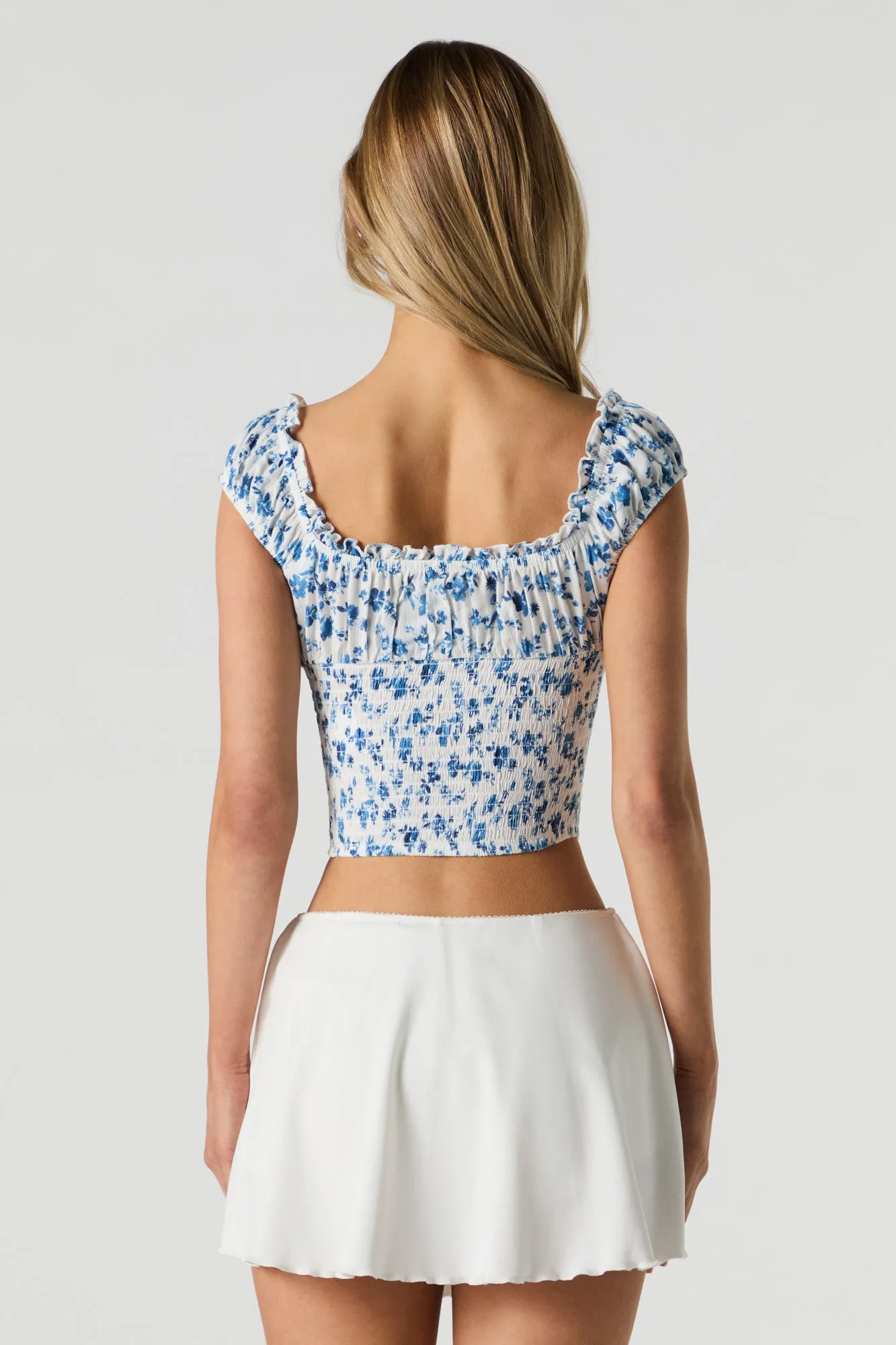 Smocked Ruffle Cap Sleeve Crop Top