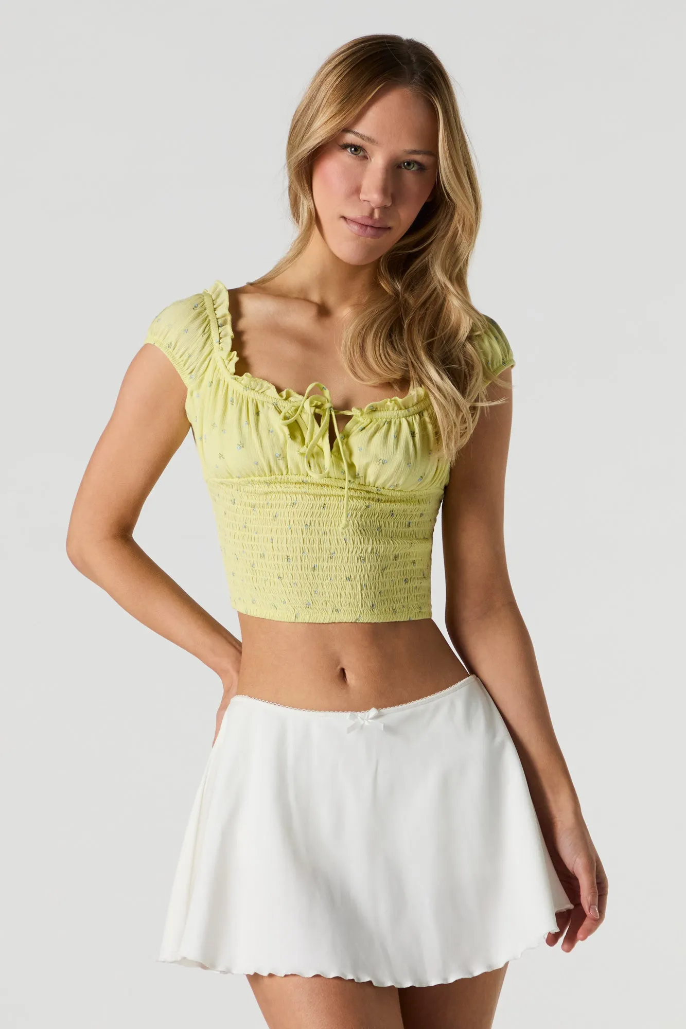 Smocked Ruffle Cap Sleeve Crop Top