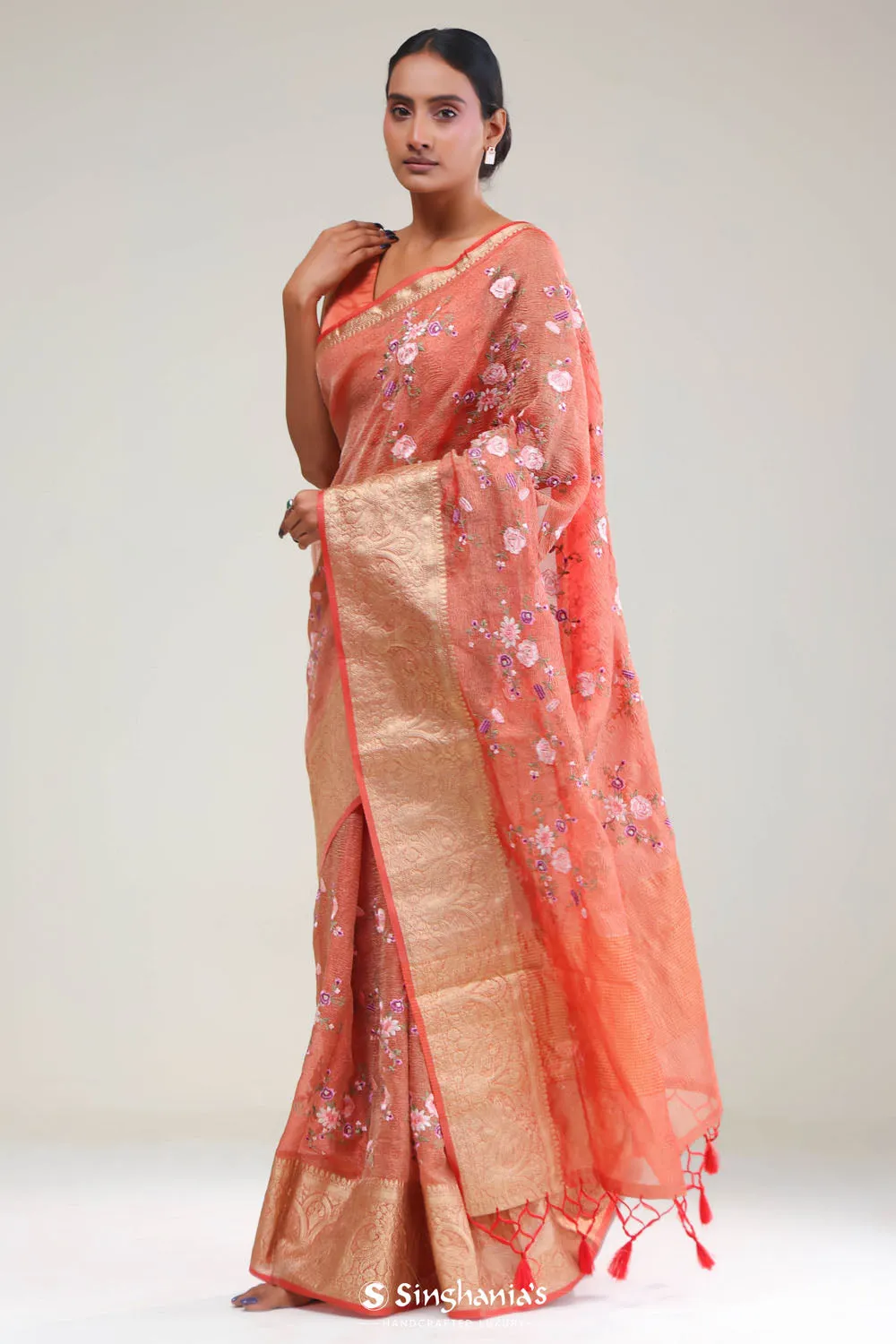 Sunset Orange Crafted Tissue Saree