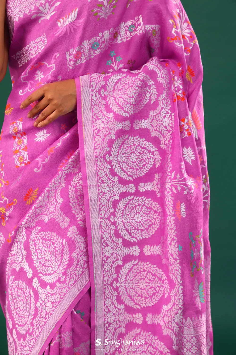 Super Pink Banarasi Tussar Saree With Floral Jaal