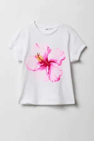 T-shirt à imprimé Pink Hibiscus pour filles