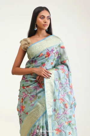 Tiffany Blue Jaali Crafted Tissue Saree