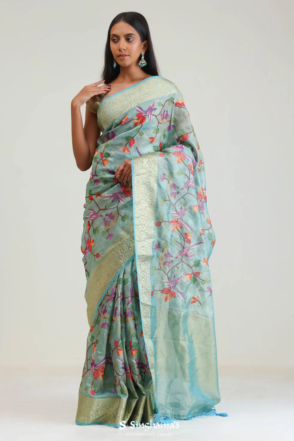 Tiffany Blue Jaali Crafted Tissue Saree