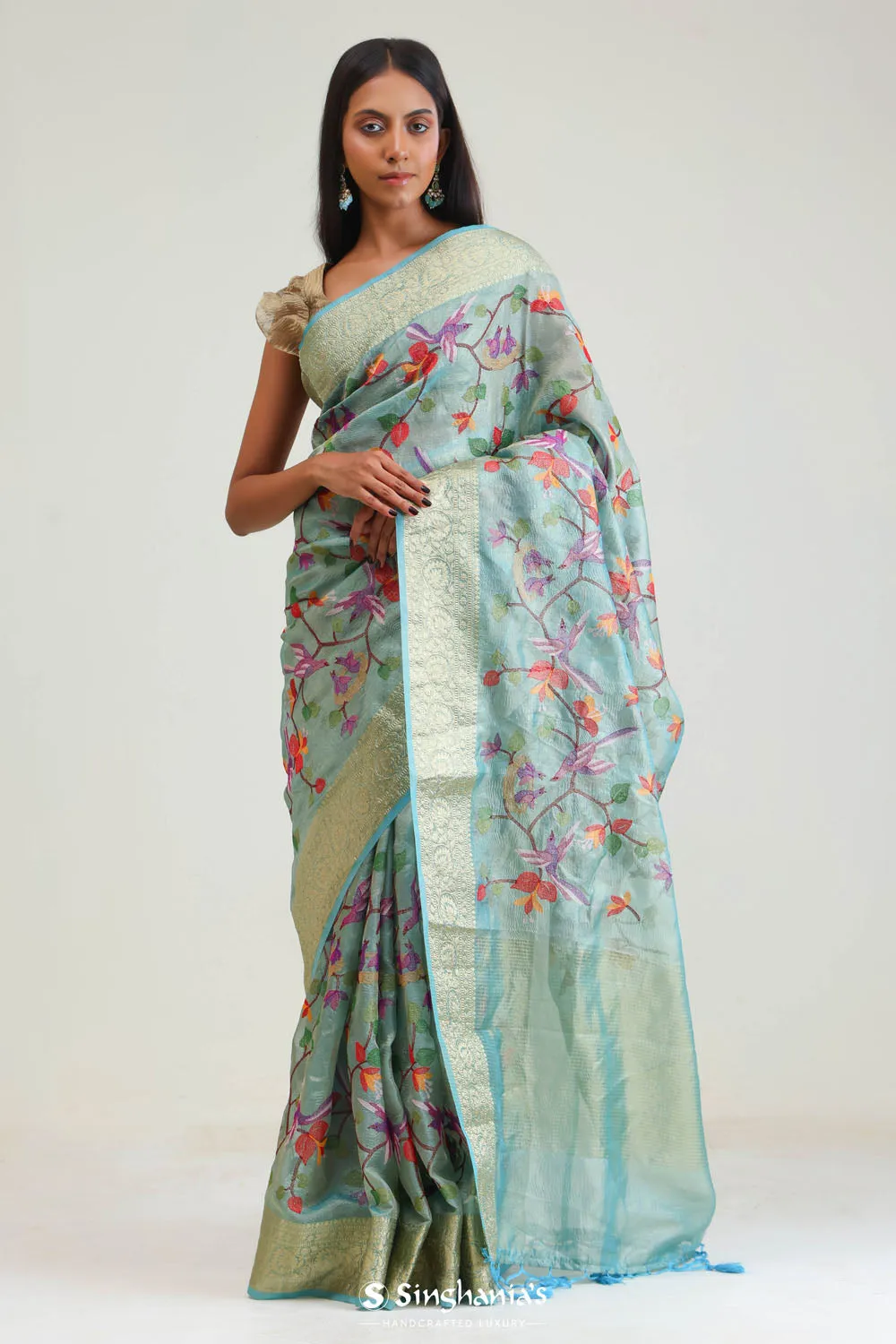 Tiffany Blue Jaali Crafted Tissue Saree
