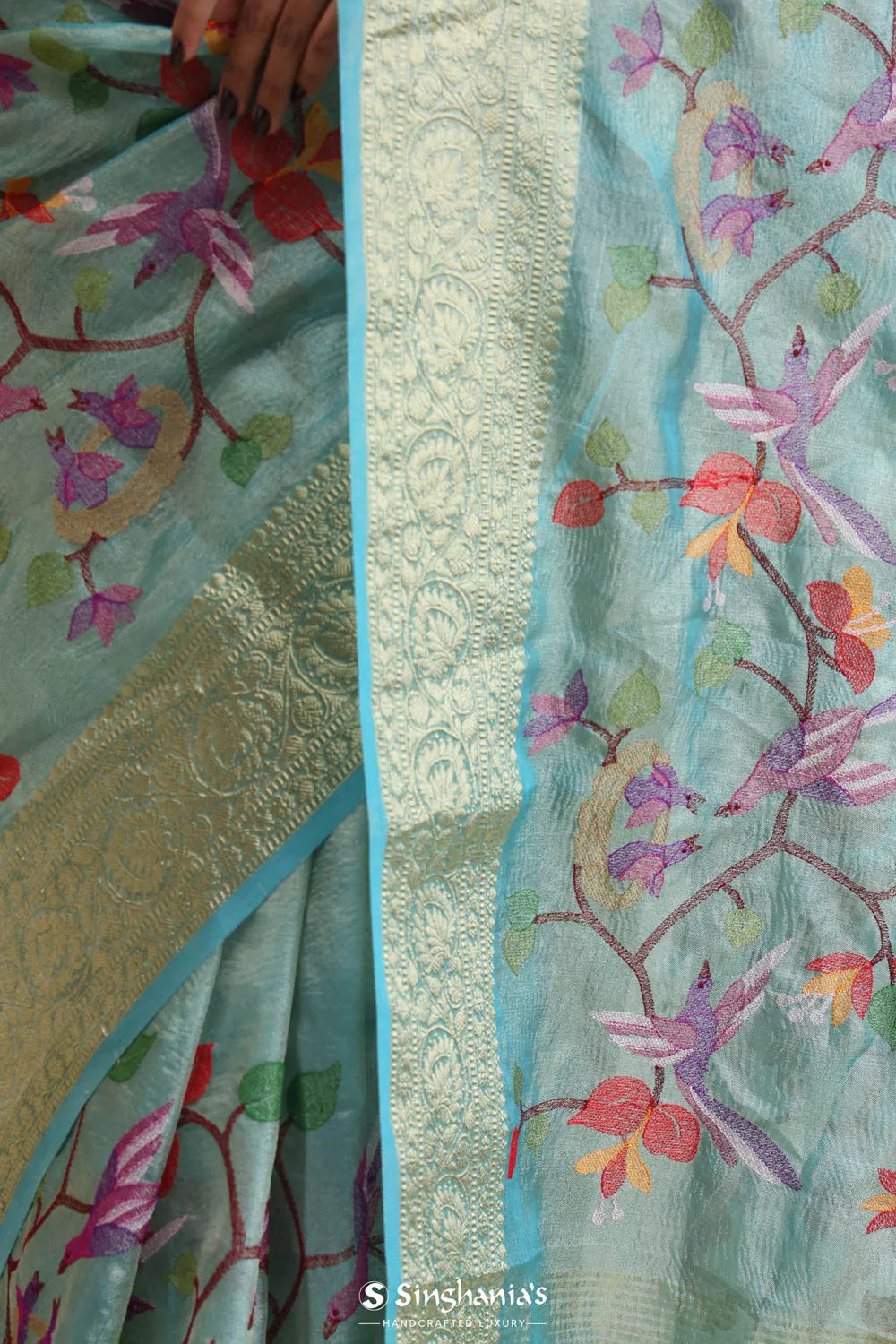 Tiffany Blue Jaali Crafted Tissue Saree