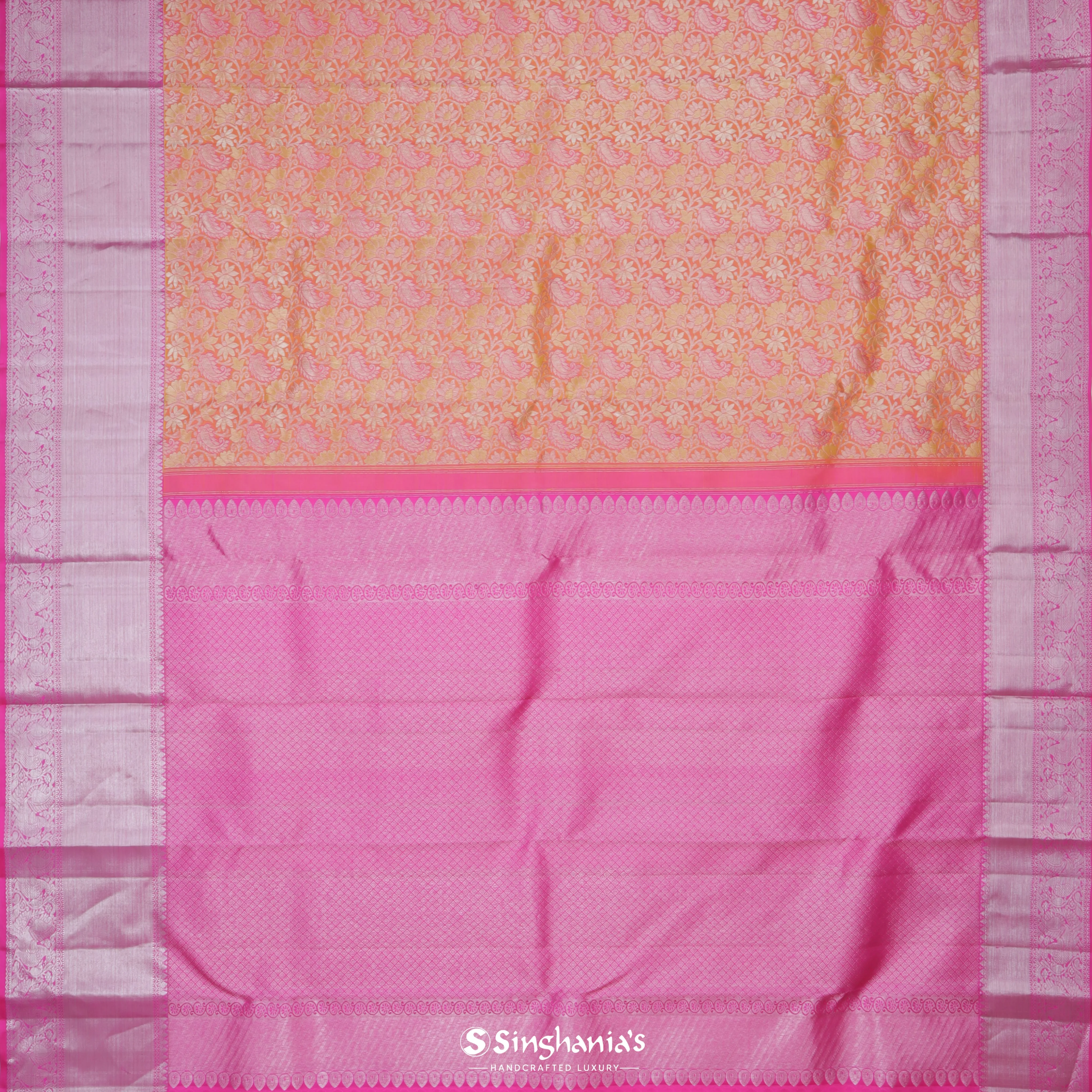 Tiger Orange Kanjivaram Silk Saree With Floral Jaal Pattern