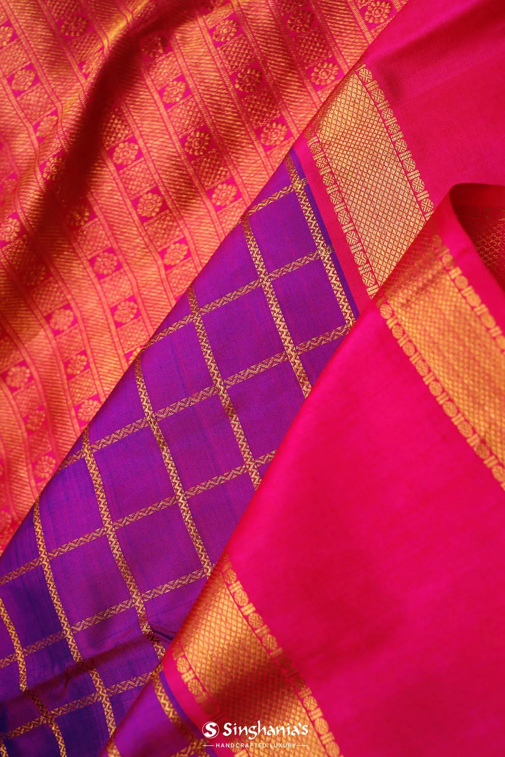 True Purple Checks Kanjivaram Silk Saree