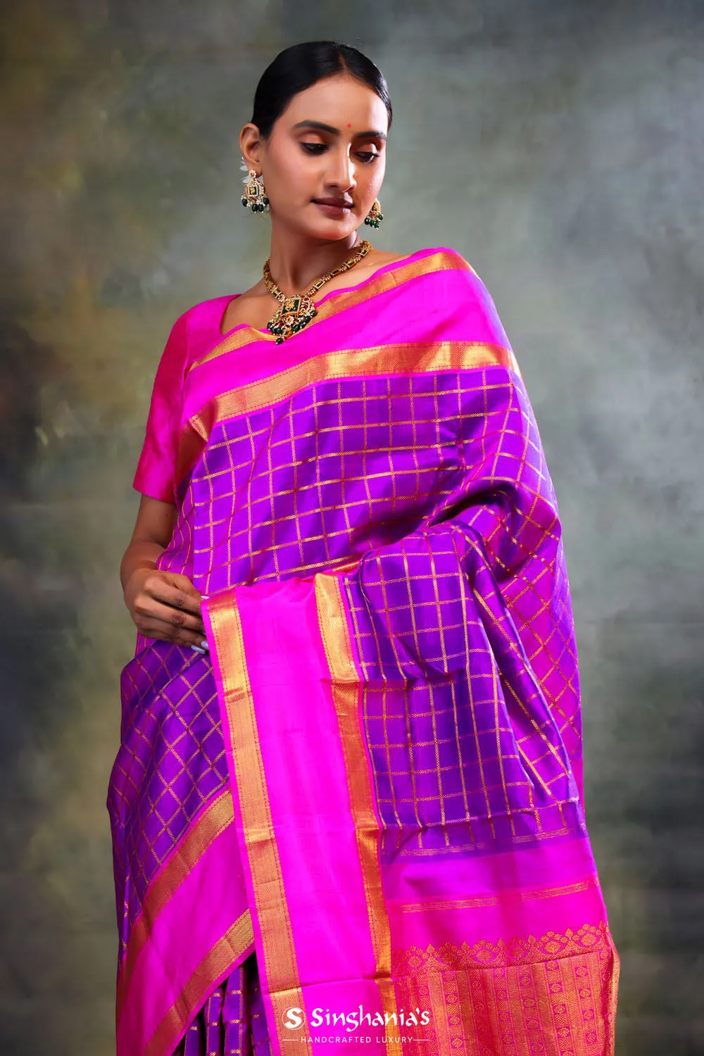 True Purple Checks Kanjivaram Silk Saree