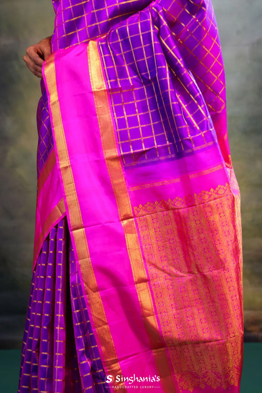 True Purple Checks Kanjivaram Silk Saree