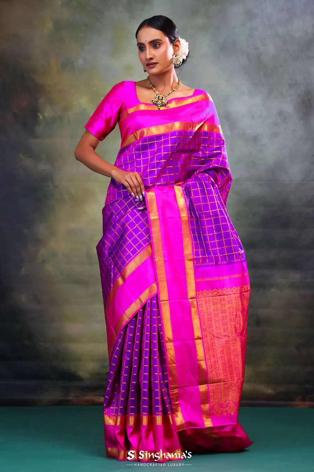 True Purple Checks Kanjivaram Silk Saree