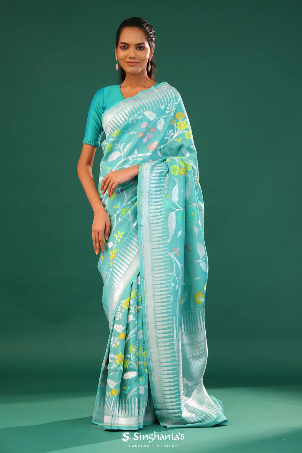 Turquoise Blue Banarasi Tussar Saree With Floral Jaal