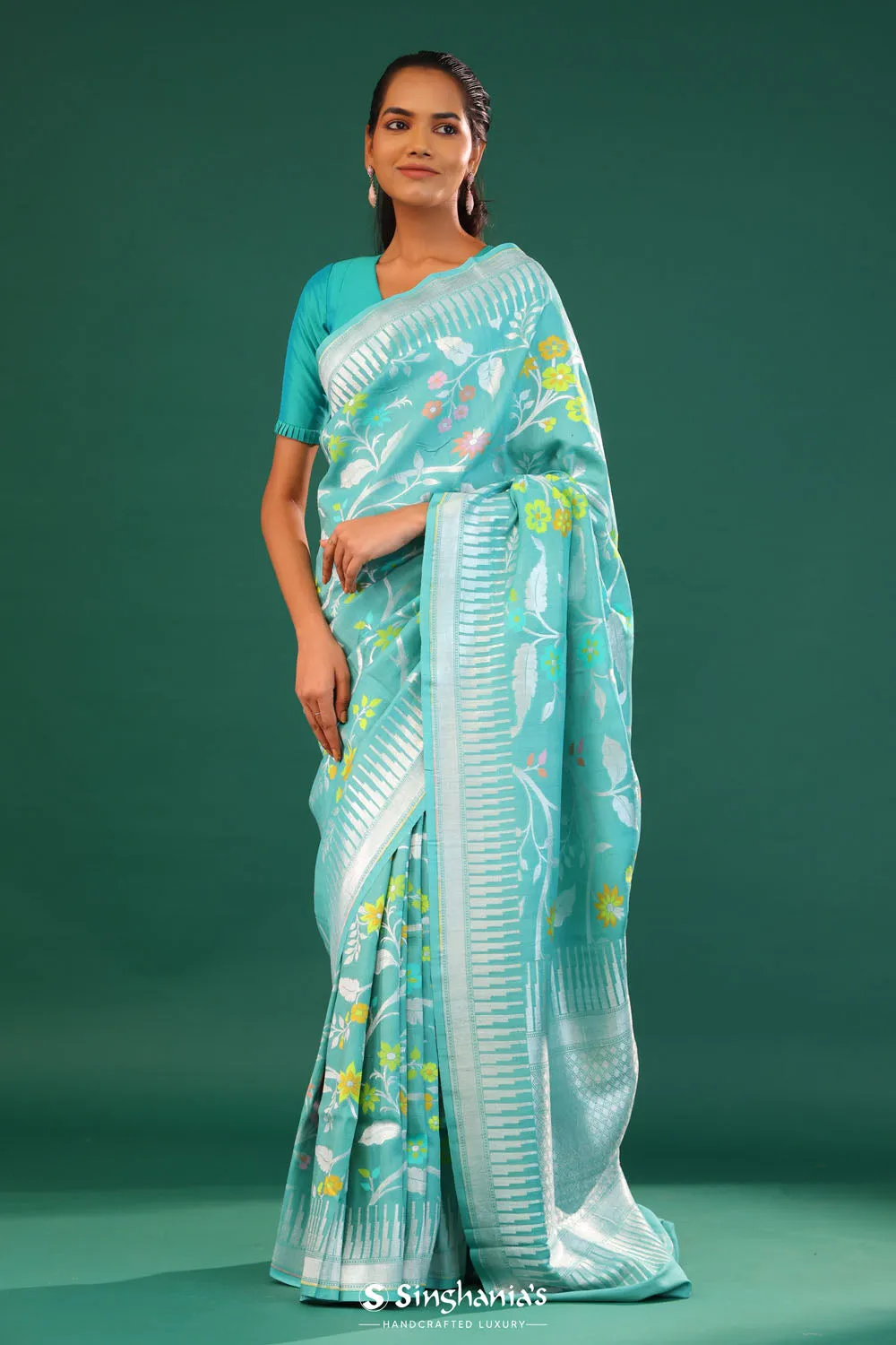 Turquoise Blue Banarasi Tussar Saree With Floral Jaal