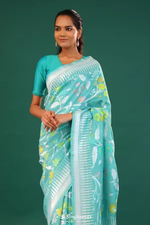 Turquoise Blue Banarasi Tussar Saree With Floral Jaal