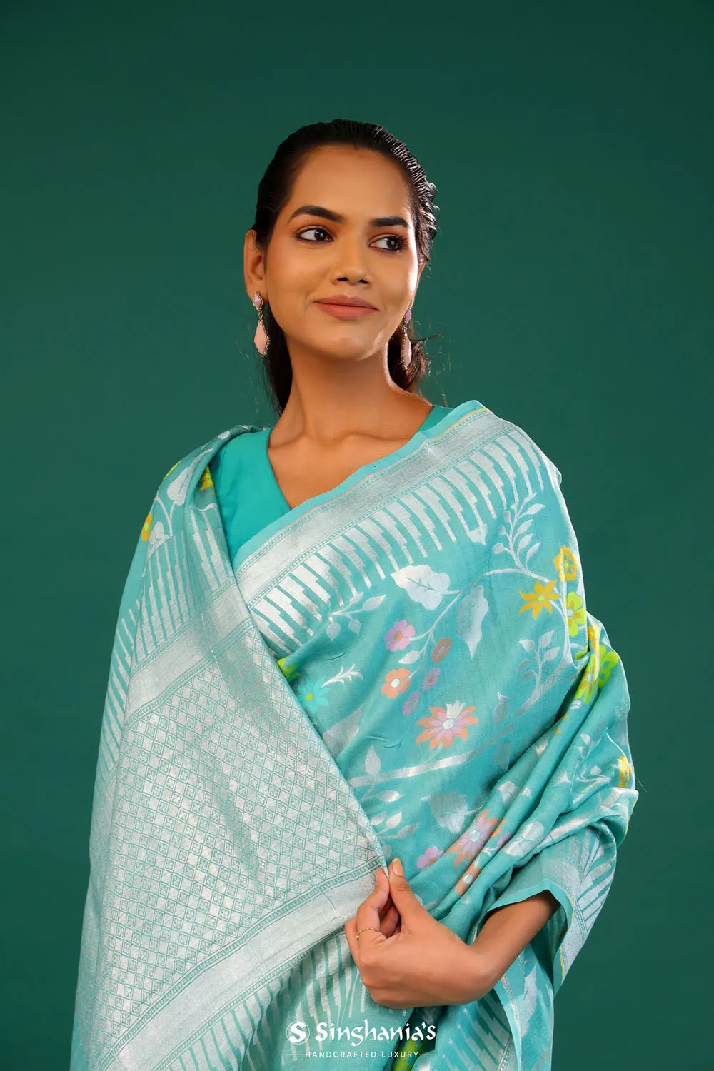 Turquoise Blue Banarasi Tussar Saree With Floral Jaal