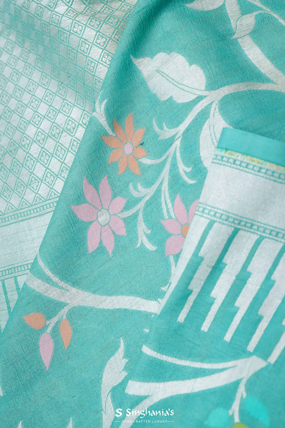 Turquoise Blue Banarasi Tussar Saree With Floral Jaal