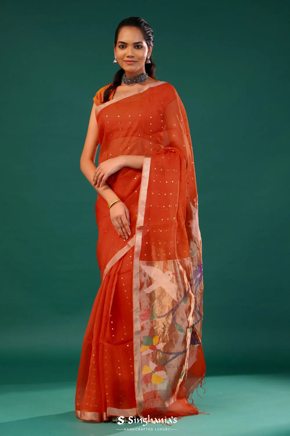 Vermillion Orange Bailu Organza Saree With Zari Border