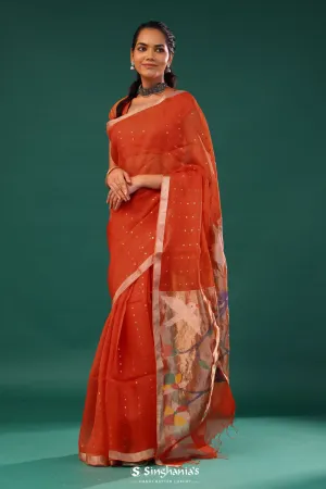 Vermillion Orange Bailu Organza Saree With Zari Border