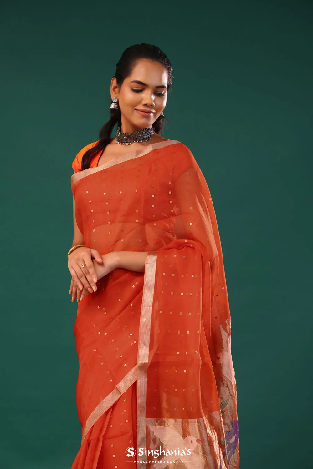 Vermillion Orange Bailu Organza Saree With Zari Border