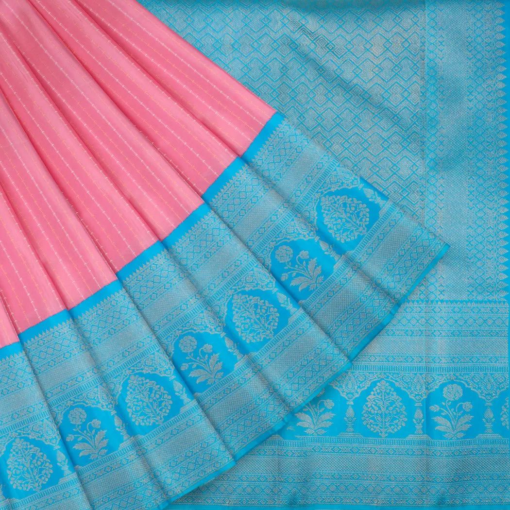 Watermelon Pink Kanjivaram Silk Saree With Stripes Pattern