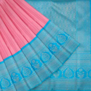 Watermelon Pink Kanjivaram Silk Saree With Stripes Pattern